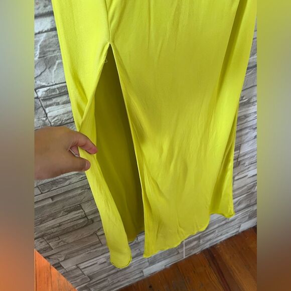 Zara || Neón Green Yellow Sheath Strap Cowl Neck Maxi Slit Dress Small - Picture 6 of 9